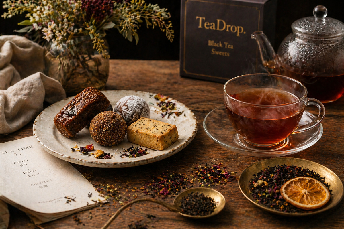 紅茶と焼き菓子を並べた落ち着いたティータイムのテーブルシーン