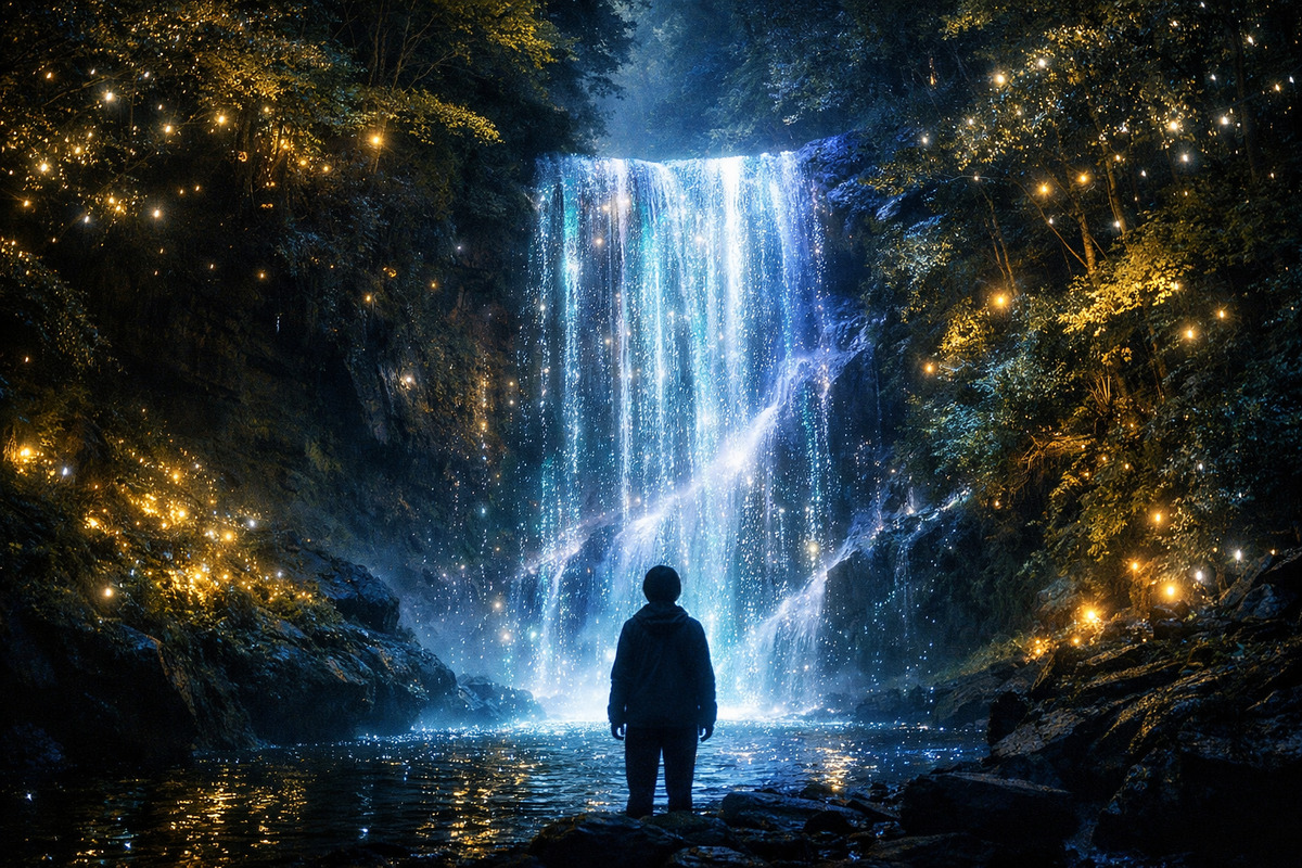 夜の養老渓谷で光に包まれた滝を見上げる人物と幻想的なデジタルアートの風景