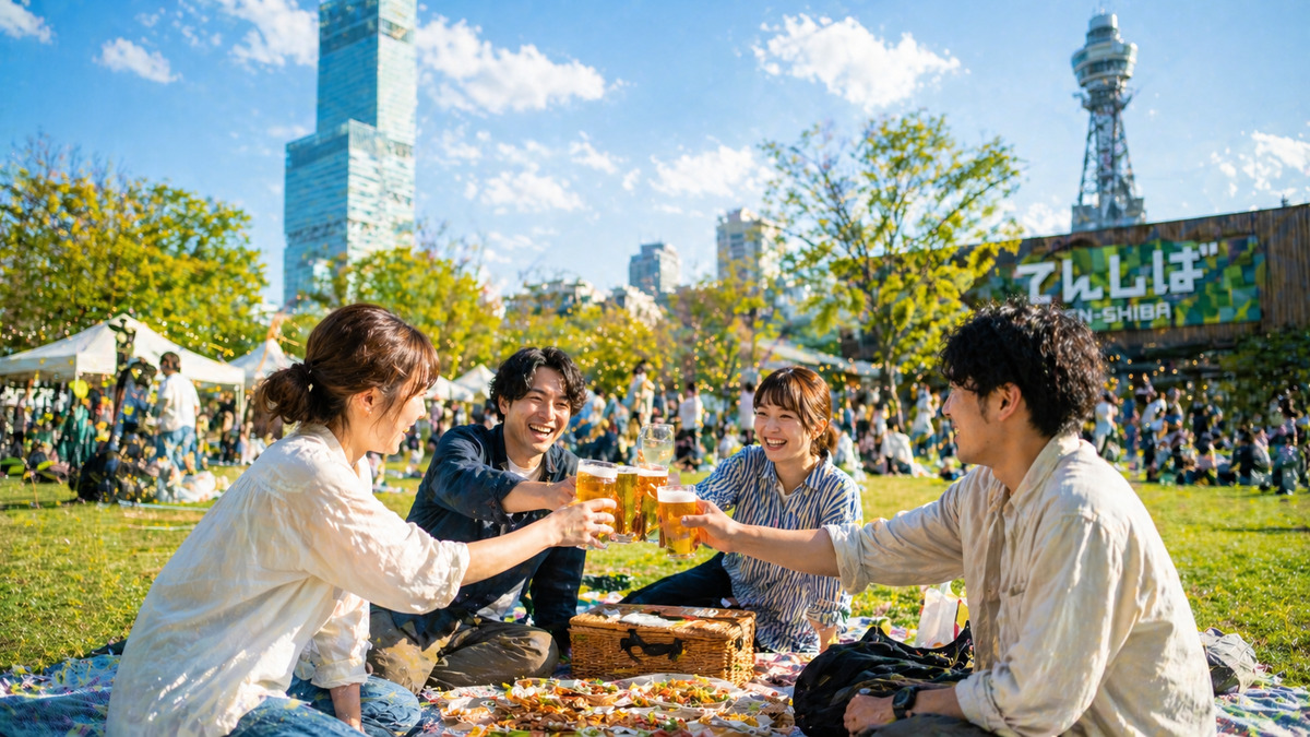 青空の芝生でビールを手に笑顔で乾杯する人々のにぎやかな休日の風景