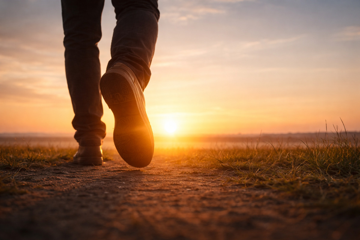 朝日に向かって一歩踏み出す足元を捉えた、未来への決断を感じさせるシーン