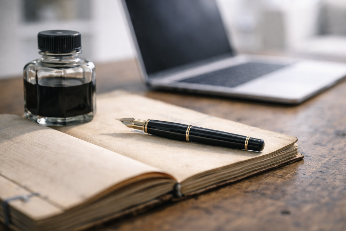古い万年筆とインク瓶がノートの上に置かれ、奥にノートPCがある現代的な暮らしの一場面