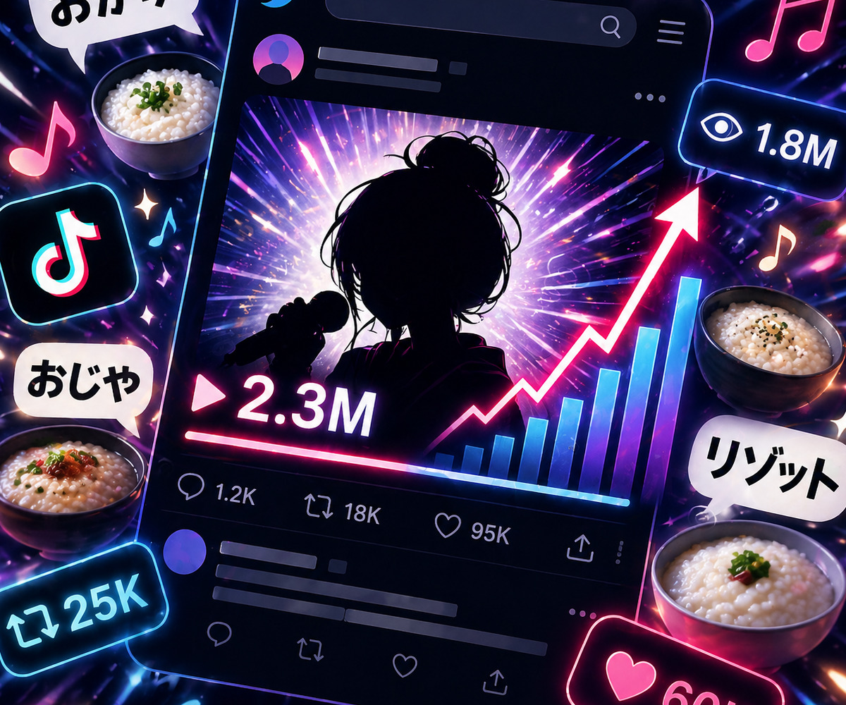 深夜にバズった米系ソングをイメージし、SNS画面と急上昇グラフの中でシルエットが広がる様子