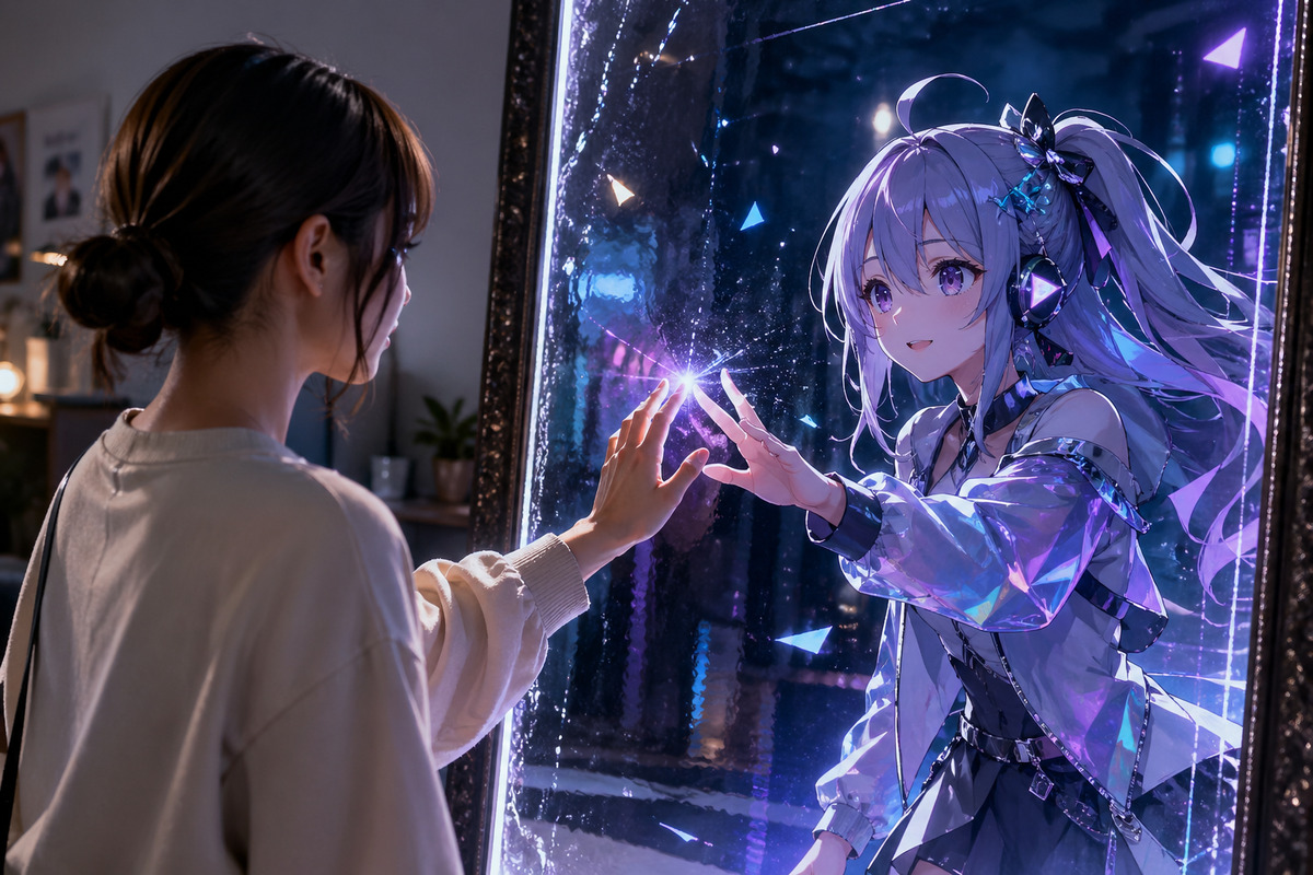 鏡越しにアバターと手を伸ばし合う人物が、現実と仮想が交わる瞬間を表現したビジュアル