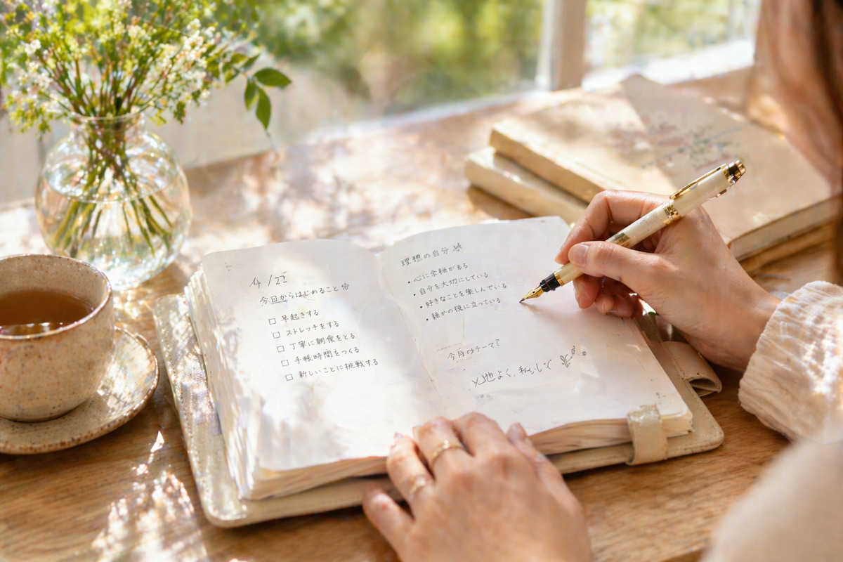 朝の光が差し込む窓辺で手帳に万年筆で書き込みを始める女性の手元が印象的なウェルビーイング習慣のイメージ