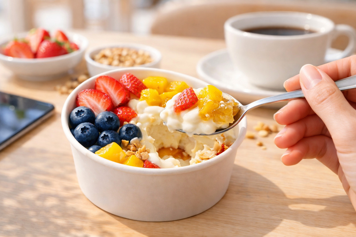 カフェでカスタムしたヨアジョンをスプーンですくう瞬間の様子