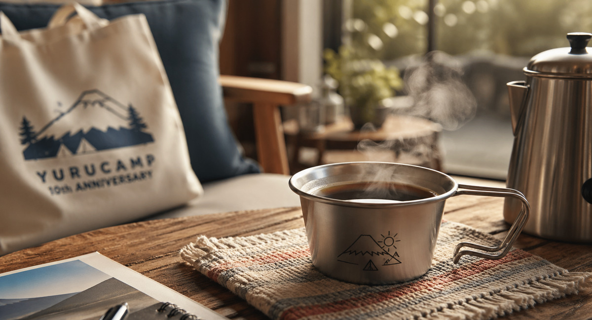 窓辺の柔らかな光の中、湯気の立つシェラカップとアウトドア小物が並ぶ落ち着いた室内の風景