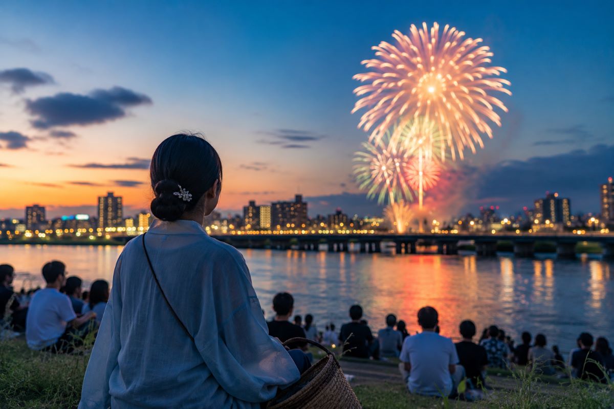 初夏の夕暮れの河川敷で、涼しい風を感じながら花火を眺める女性の後ろ姿