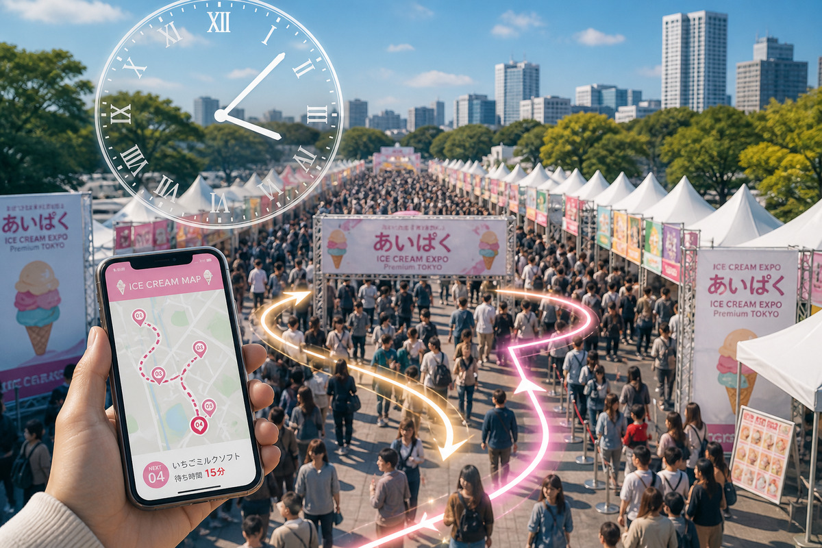 混雑するアイスフェス会場を俯瞰し効率的な回り方を示す導線イメージ