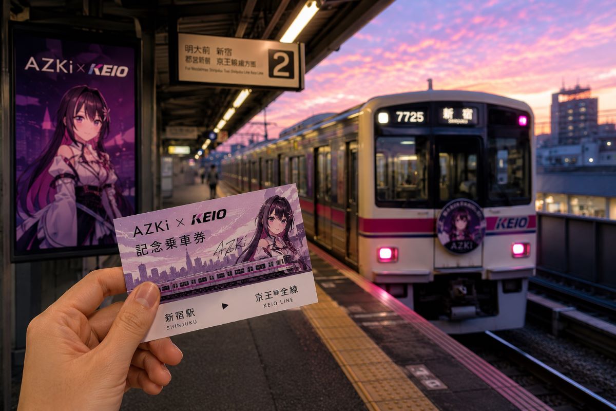 夕暮れの京王線ホームで記念乗車券を手に、到着する電車を待つコラボイベントの風景