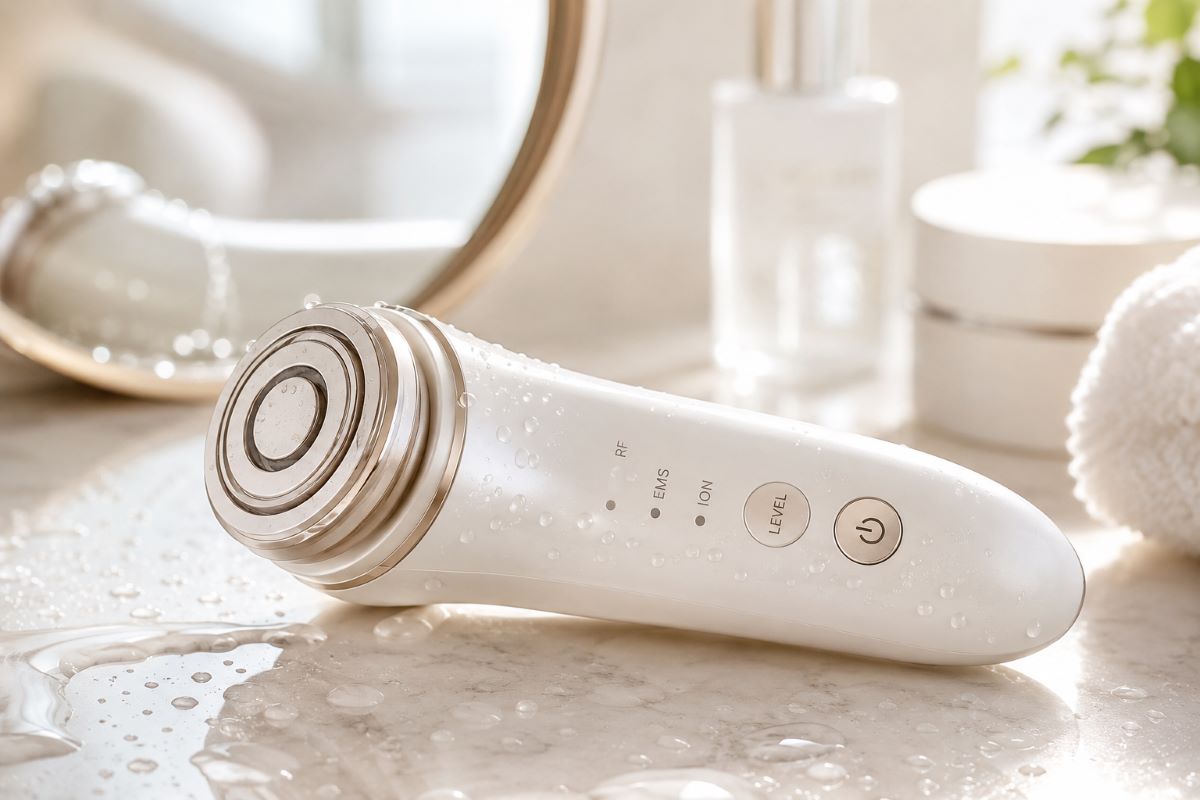 美容液や水滴に囲まれた美顔器が洗面スペースに置かれ、日常のスキンケア習慣をイメージさせる様子