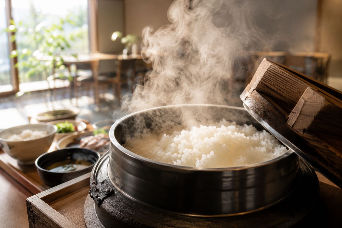 羽釜から立ち上る湯気と炊きたてご飯が印象的な和モダン空間
