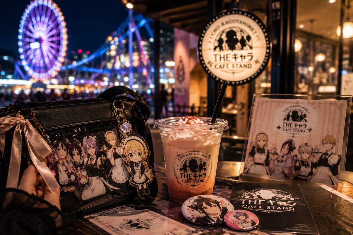 東京ドームシティの夜景を背景に、推しグッズとコラボドリンクを楽しむカフェの様子