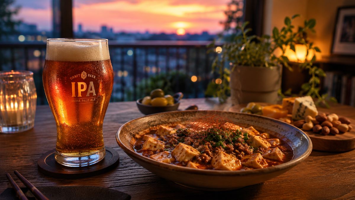 夕暮れのベランダを背景に、IPAと麻婆豆腐を並べたテーブルでクラフトビールのペアリングを楽しむシーン