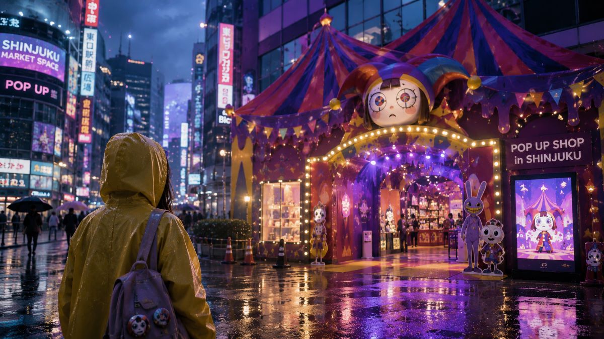 雨の新宿でサーカス風ポップアップショップを見上げるレインコート姿の来場者