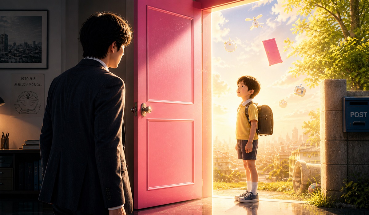 ピンクのドア越しに子どもの自分と向き合う大人の姿を描いた印象的なシーン