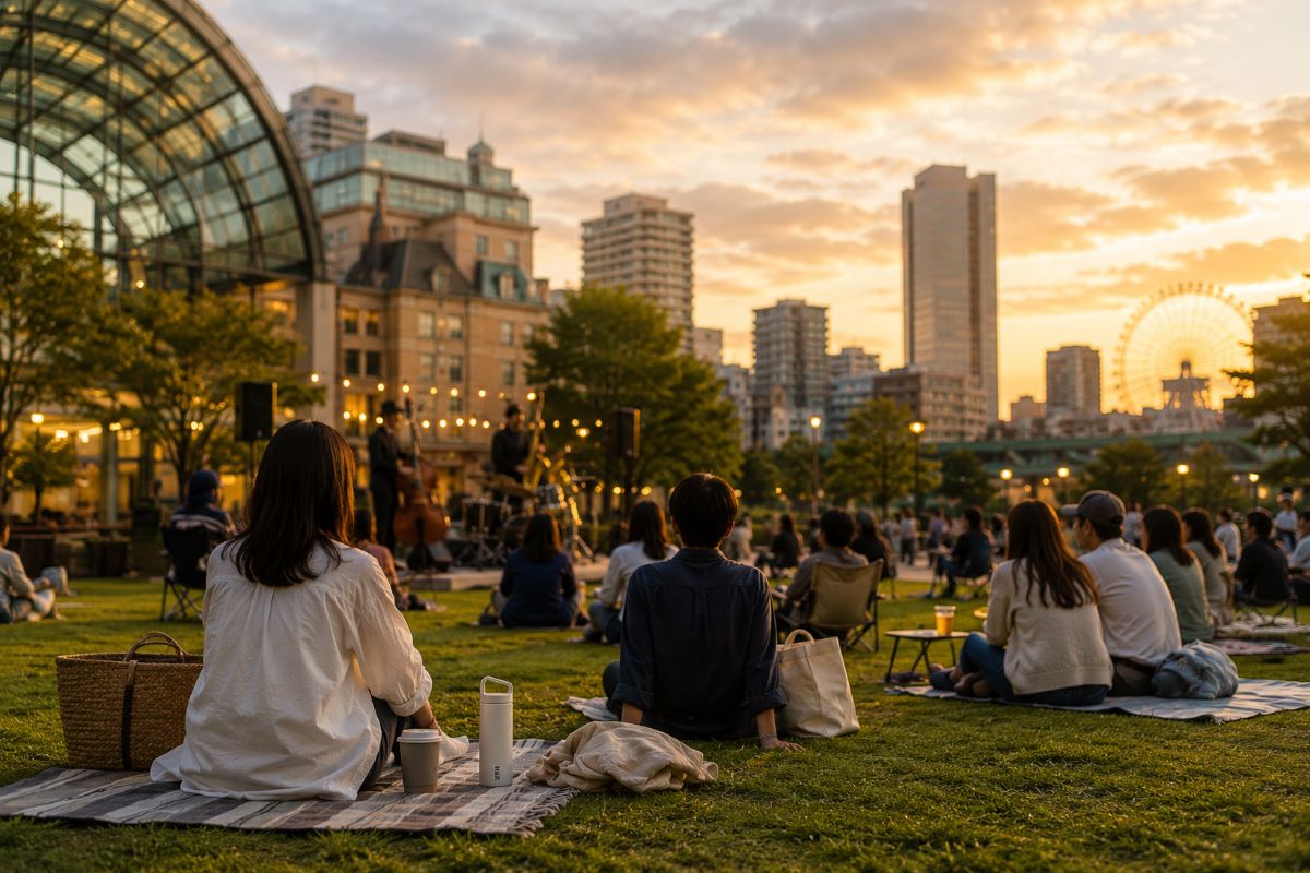 夕暮れの芝生で音楽を楽しむ人々が集い、都会の中で穏やかな時間が流れる風景