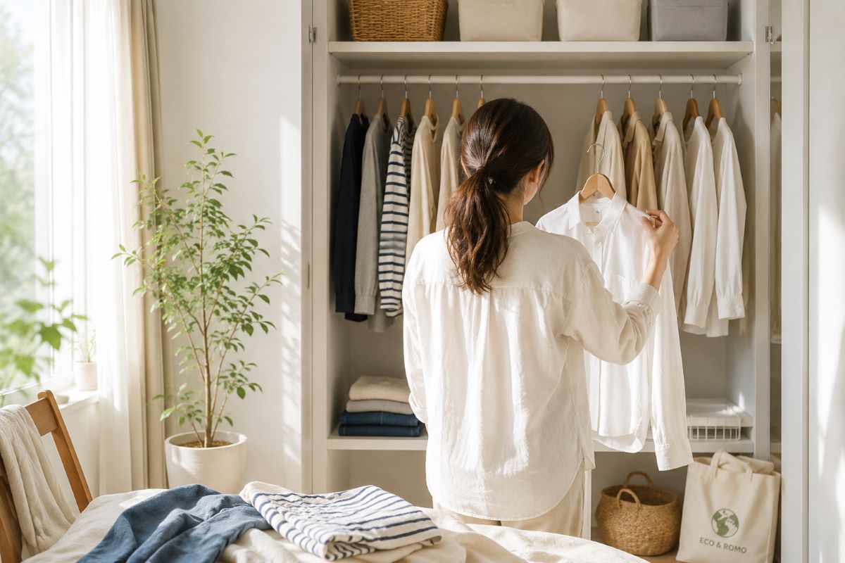 朝の光が差し込む部屋で、整理されたクローゼットから白いシャツを選ぶ女性の後ろ姿
