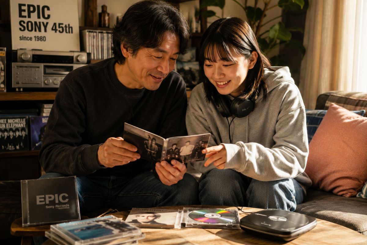 親子でCDの歌詞カードを見ながら音楽の思い出を共有しているリビング風景