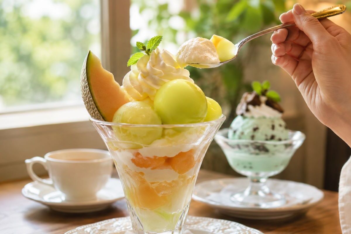 窓際の席でメロンパフェを味わいながら静かな週末を過ごす様子