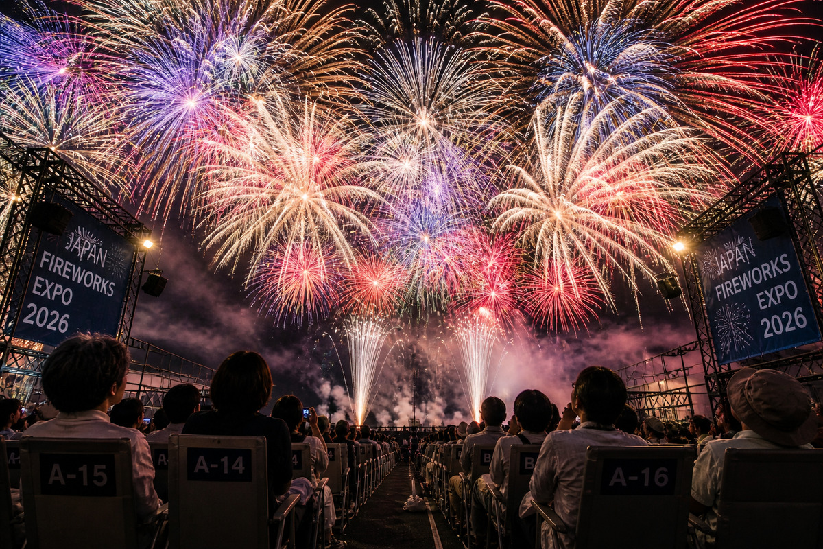 整備された観覧席から頭上に広がる花火を見上げる来場者たちが、迫力ある打ち上げを体感している様子