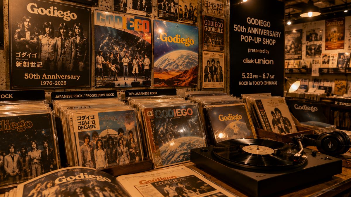 ポスターとレコードが並ぶ店内でゴダイゴ50周年の熱気を感じる空間