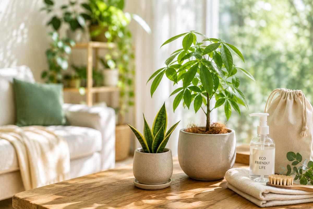 自然光が差し込む部屋で観葉植物とエコ雑貨が並ぶ、心地よいエシカルライフのイメージ