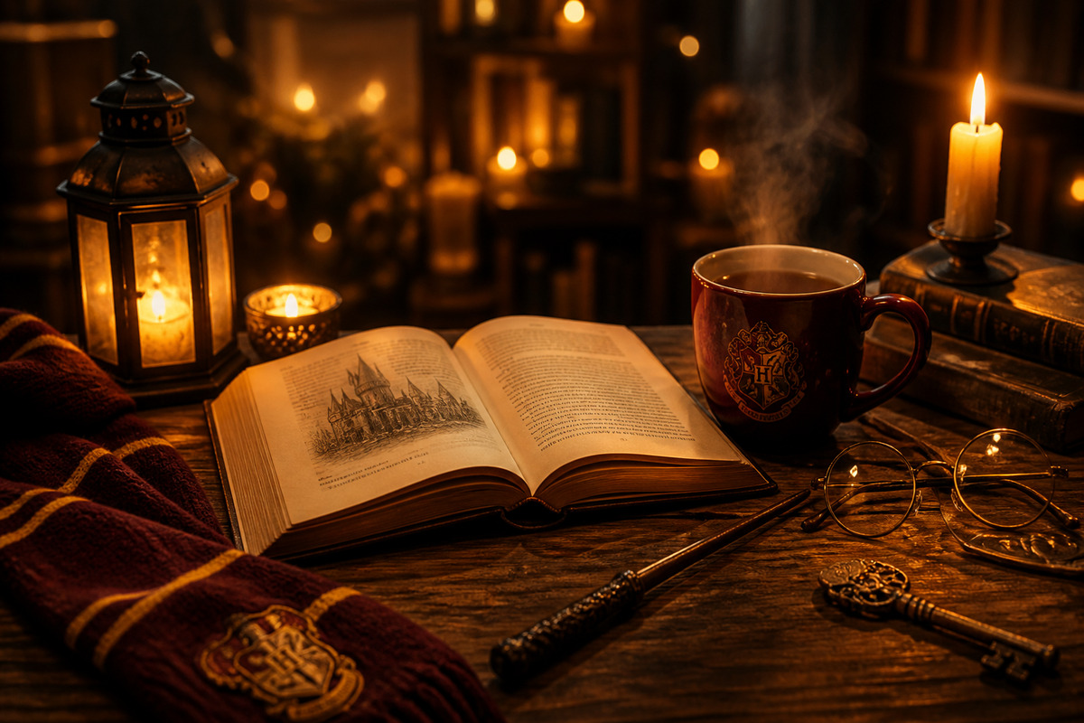 薄暗い部屋でキャンドルの灯りに照らされた本と紅茶が並ぶ、魔法の世界を感じる落ち着いた空間