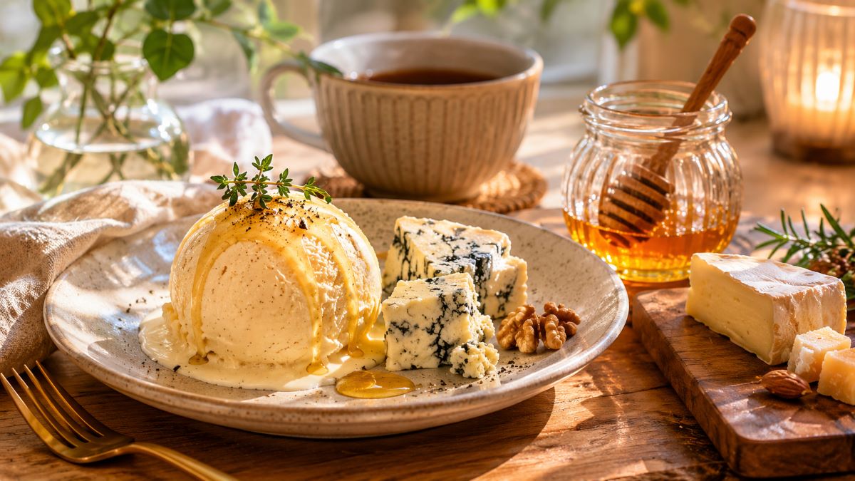 自宅カフェ風の木製テーブルで、アイスとブルーチーズをはちみつと共に楽しむ贅沢なデザート風景