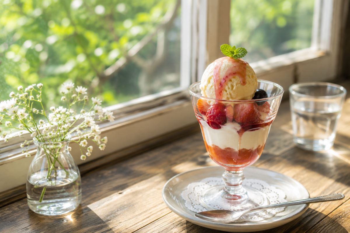 初夏の光が差し込むカフェで、小さなパフェをゆっくり楽しむ週末のひととき