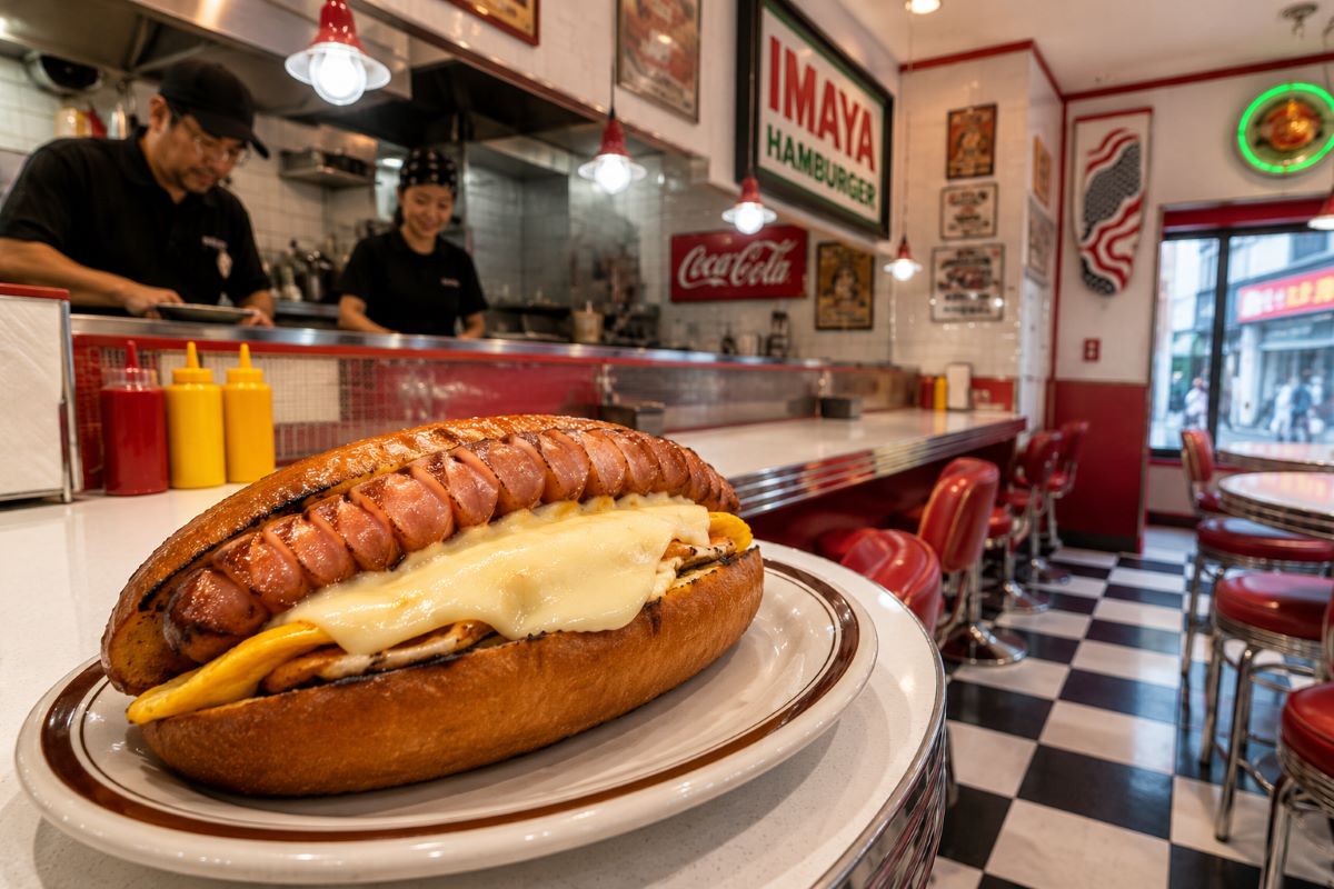 黒白チェック床のレトロな店内で、今屋のホットドッグ型ハンバーガーが香ばしく焼き上げられている様子