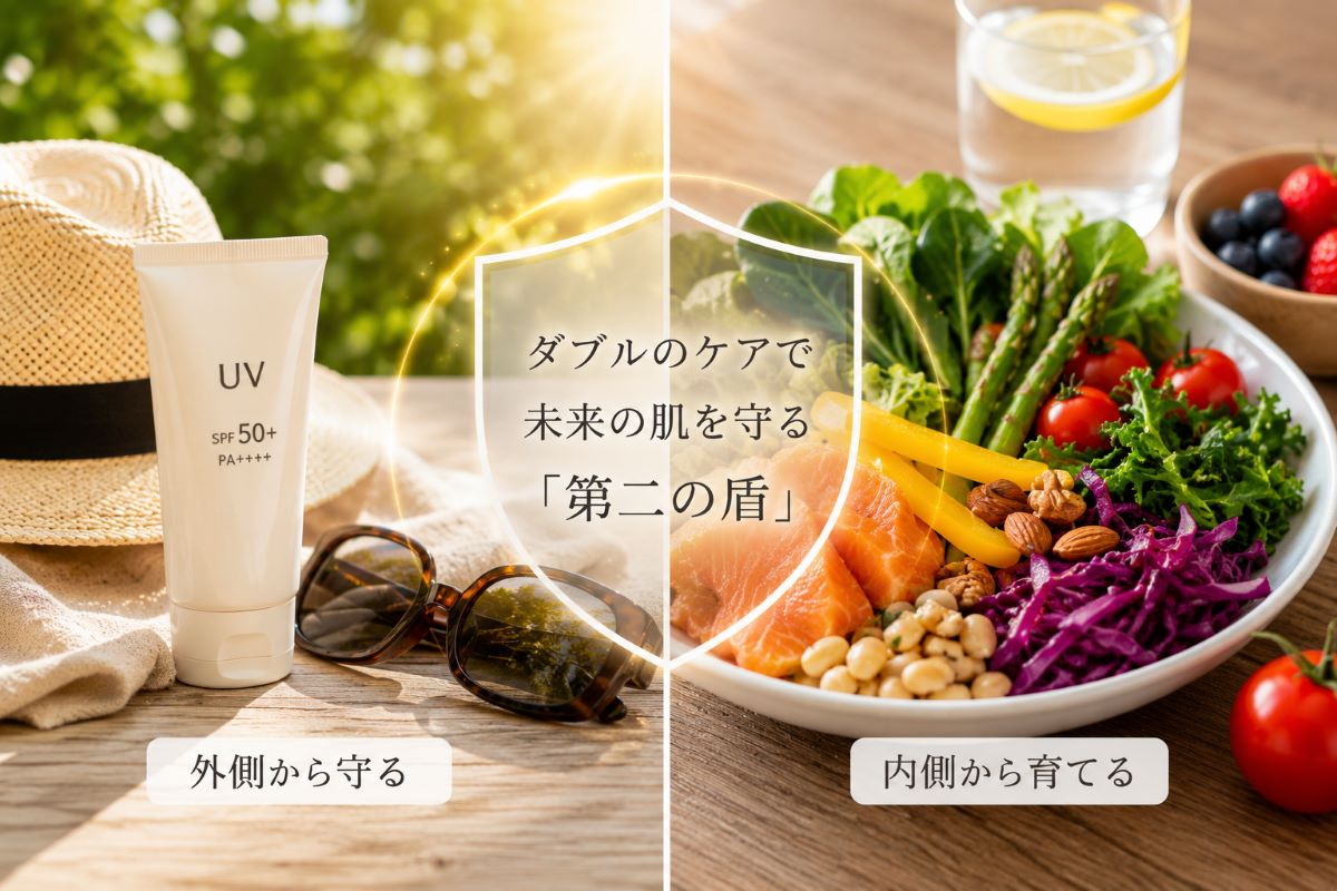 日焼け止めと栄養豊富な食事を並べ、外側と内側の両方から肌を守るUV対策を表現した画像