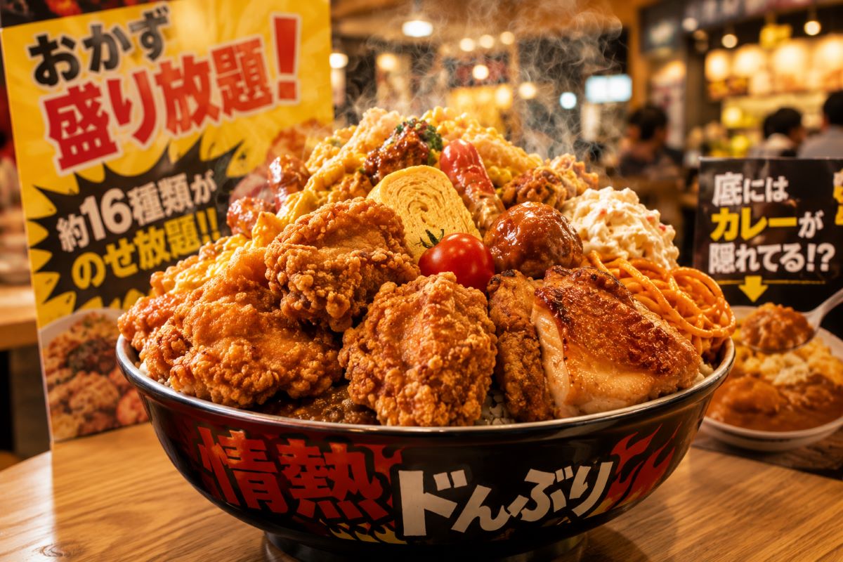 唐揚げやおかずが山盛りになった情熱ドんぶりが湯気を立てる、フードコートの賑やかな食事風景