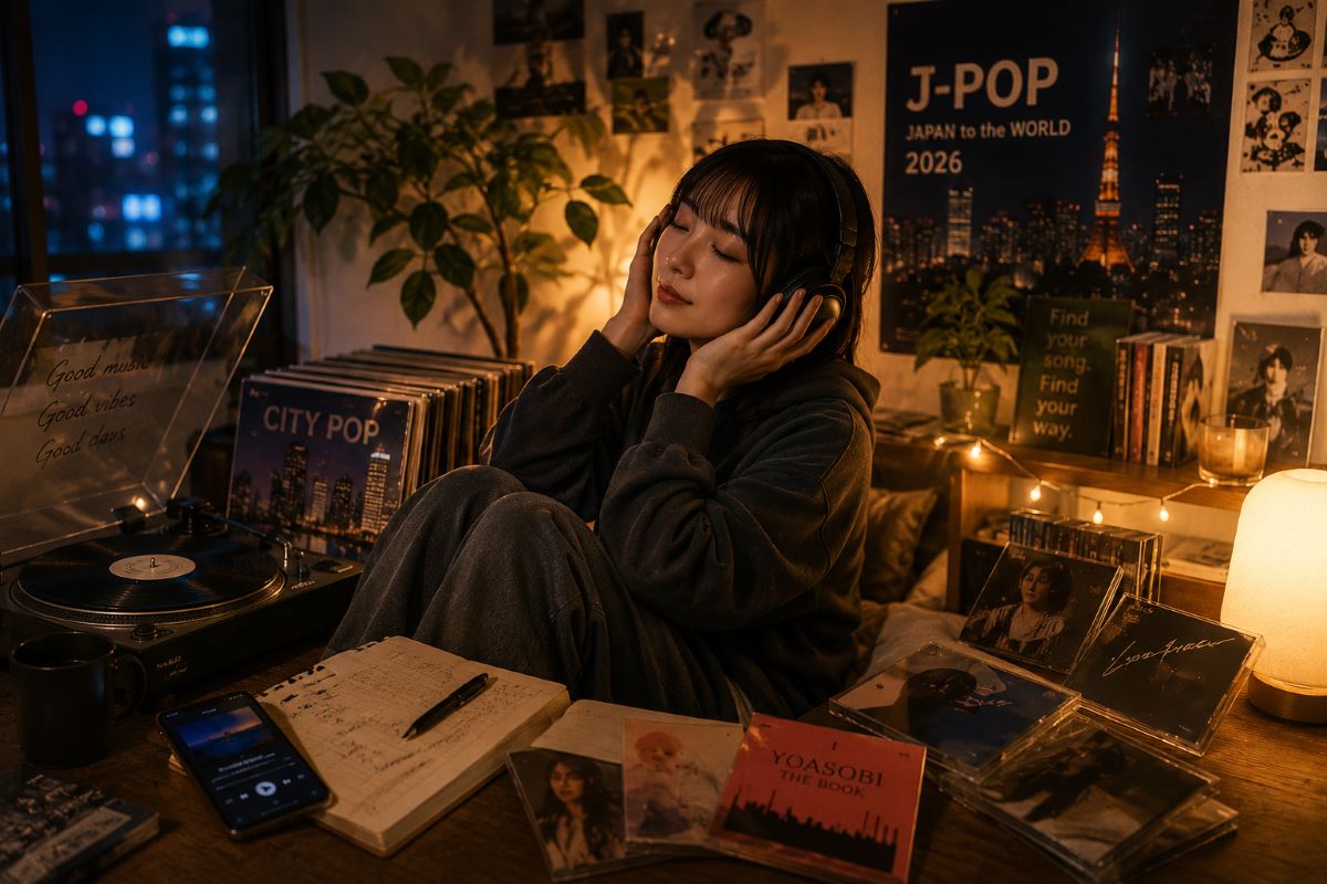 レコードやCDに囲まれた部屋で、ヘッドホンを付けながら静かにJ-POPを聴き入る夜のリスニング空間