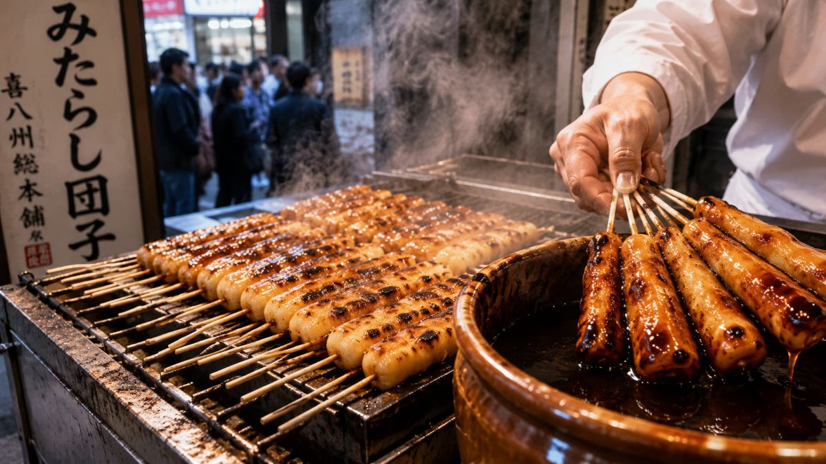 香ばしく焼かれた細長いみたらし団子に濃いタレが絡み、煙が立ち上る焼き場のライブ感を映した風景