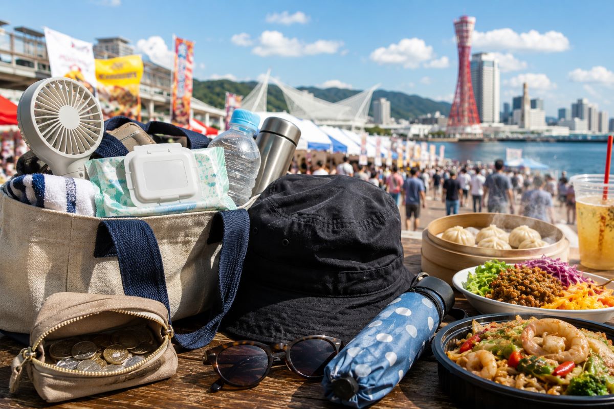 神戸ハーバーランドの屋外フェス会場で、持ち物を並べて食べ歩き準備をする初夏の風景
