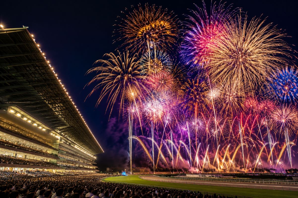 競馬場の大きなスタンド越しに色鮮やかな花火が夜空を埋め尽くし、多くの観客が見上げる様子