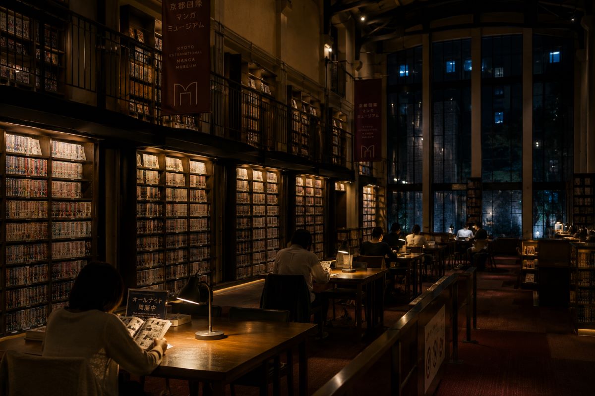夜の京都国際マンガミュージアムで静かに読書へ没入する来場者たちの幻想的な空間