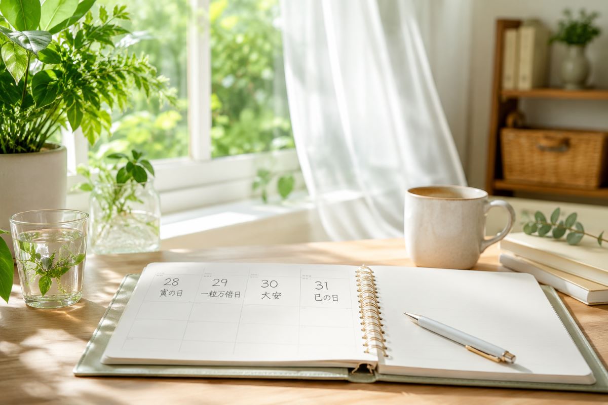 初夏の柔らかな朝日が差し込む部屋で、6月前の予定を書き込む手帳と観葉植物が静かに並ぶ様子