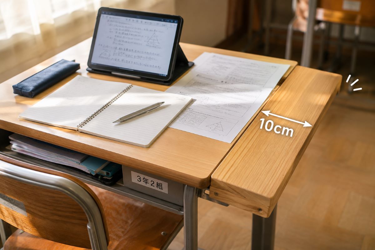 タブレット学習用に10センチ拡張された木製パーツ付きの学校机に、教材やノートが整然と並ぶ教室風景