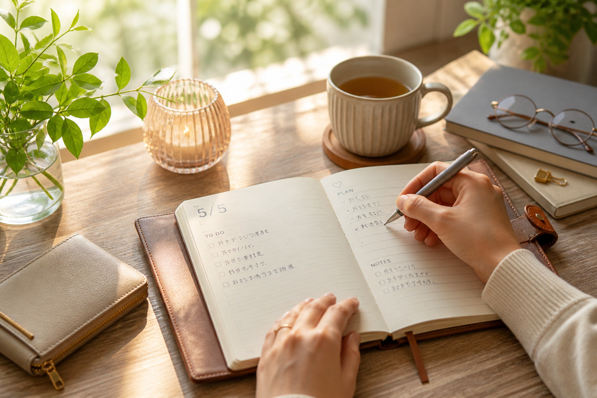 朝の光が差し込むテーブルで手帳に予定を書き込む手元と、穏やかな生活の始まりを感じさせるワンシーン