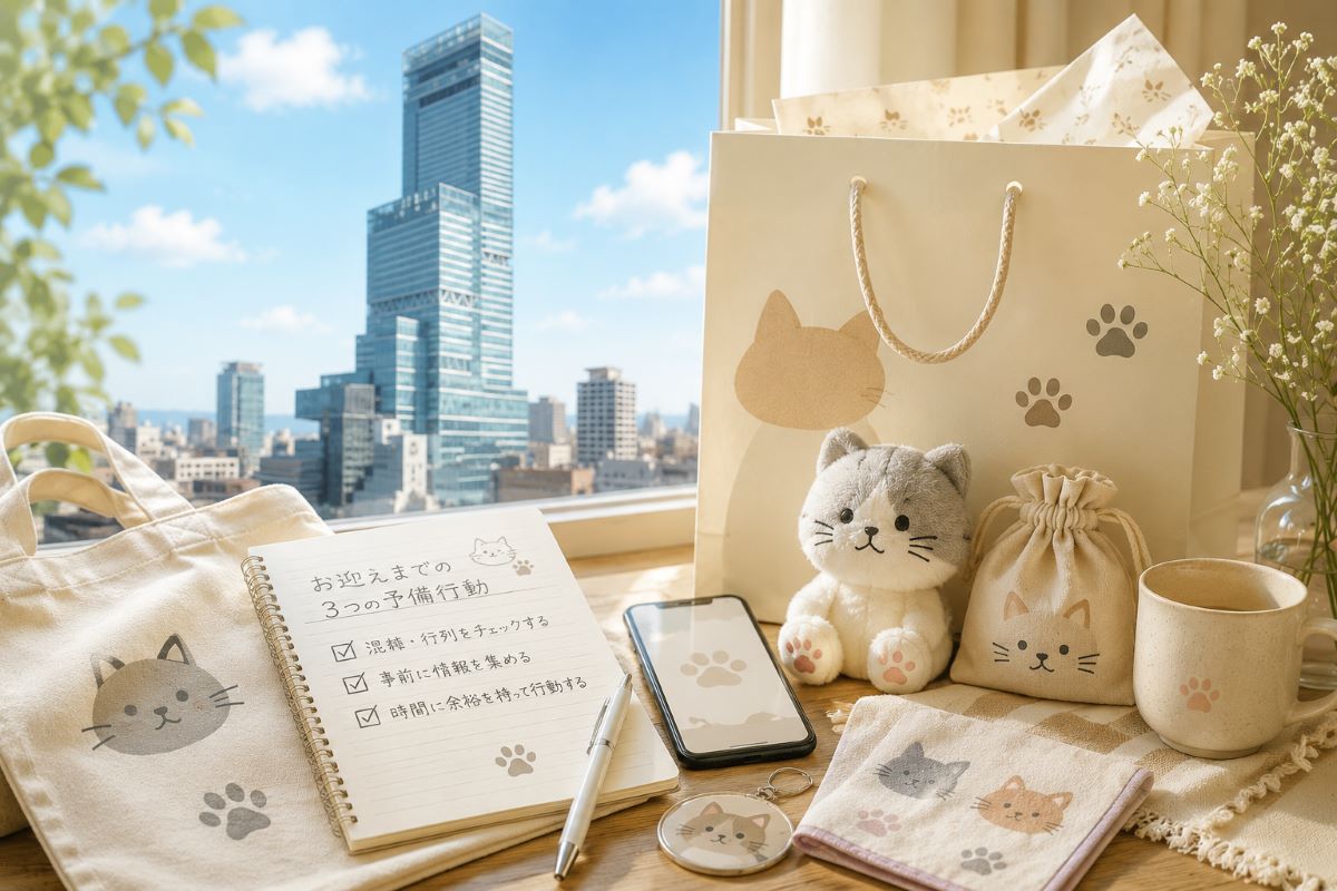 あべのハルカスを背景に、猫モチーフ雑貨と買い物準備メモを並べた温かな朝の風景
