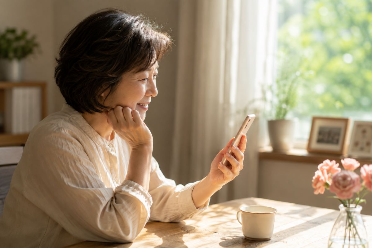 午後の光が差し込む部屋で、スマホを手に穏やかに微笑む母親の姿