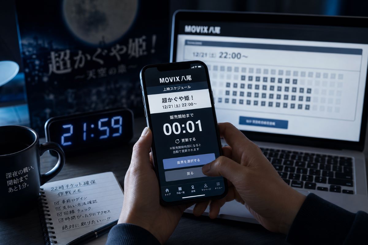 深夜の部屋でスマホとパソコンを使い、映画祭チケット販売開始を待機する緊張感ある手元