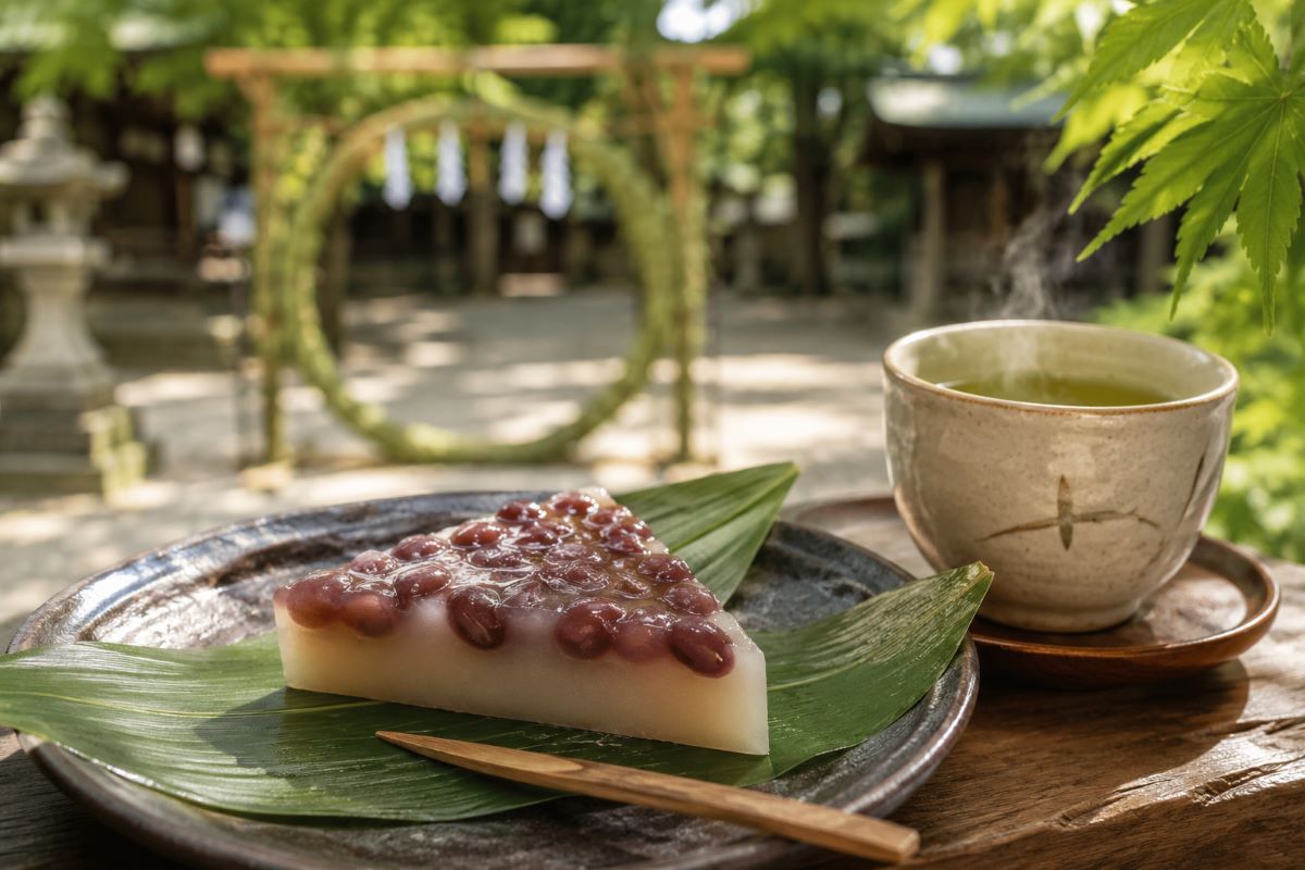 夏越の祓の茅の輪を背景に、水無月と温かいお茶で穏やかな時間を過ごす初夏の風景