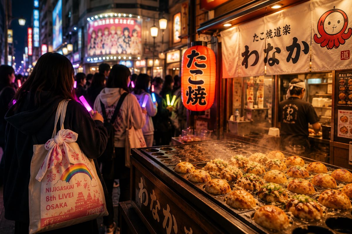 ライブ帰りのファンが集まる大阪のたこ焼き店で、湯気立つたこ焼きと虹色のペンライトが夜の余韻を彩る風景