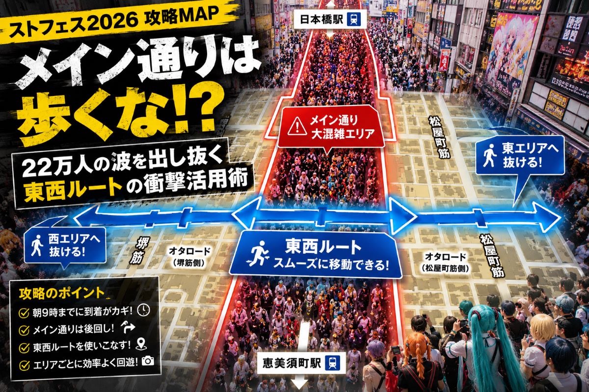 日本橋ストリートフェスタの混雑エリアと東西ルートを対比し、効率的な移動戦略を示した攻略イメージ