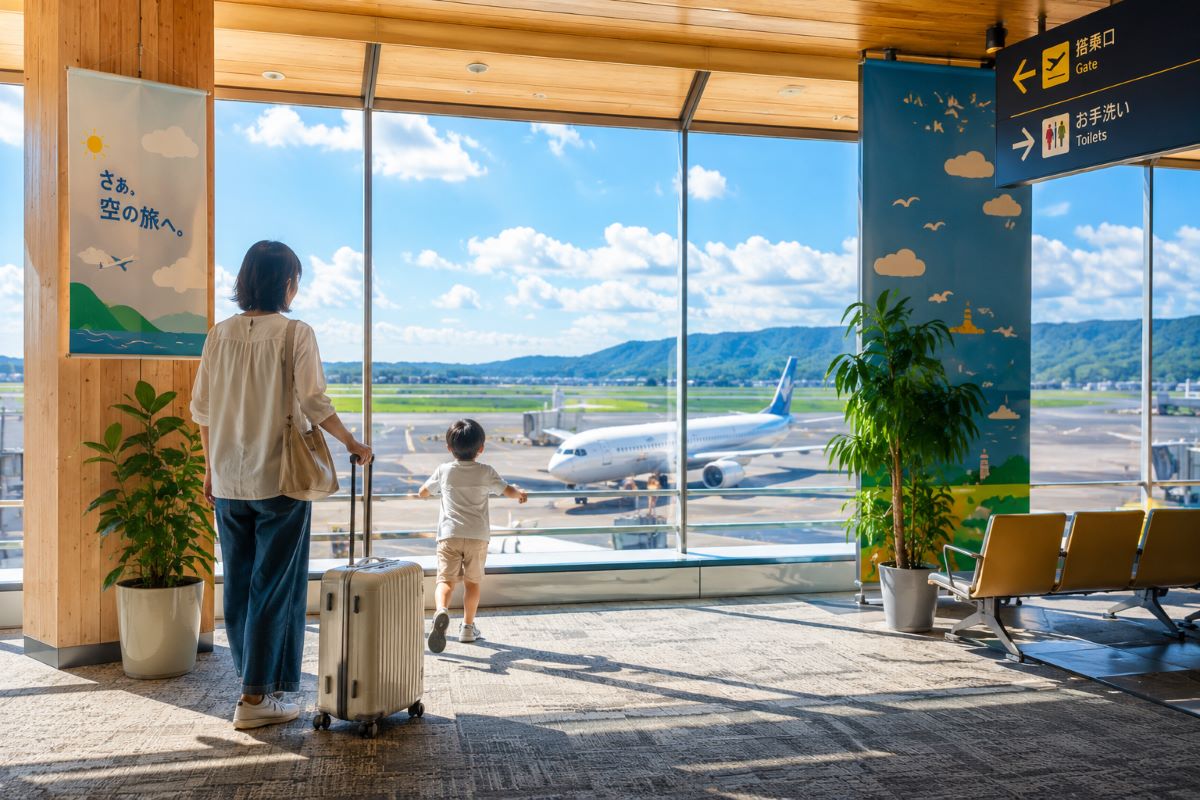 大きな窓から飛行機を眺める親子が、夏の旅立ちを楽しみにしている空港ロビーの風景
