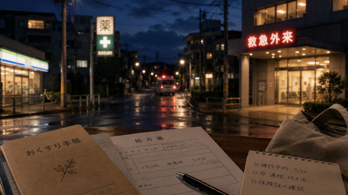 雨上がりの夜の街で、お薬手帳や処方箋が静かに置かれた風景が日常を支える医療インフラを表現している