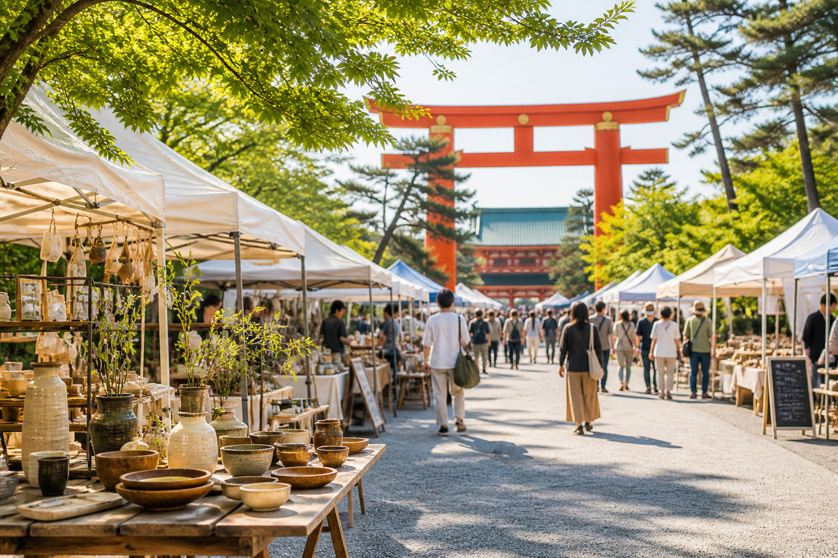 平安神宮の鳥居を背景にマルシェのテントと作家作品が並ぶ穏やかな散策風景