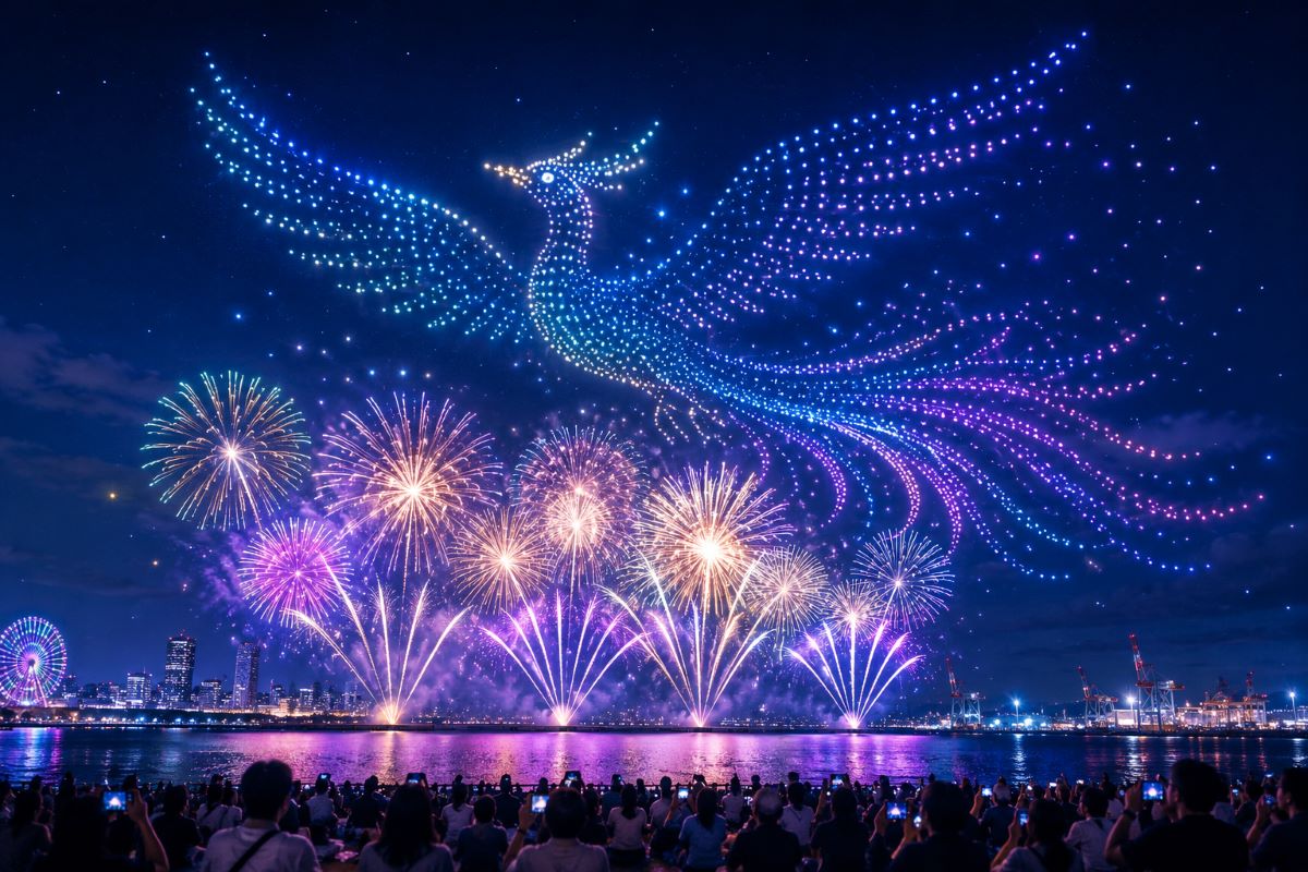 大阪湾の夜空に巨大なフェニックス型ドローン演出と花火が広がる未来的なイベント風景